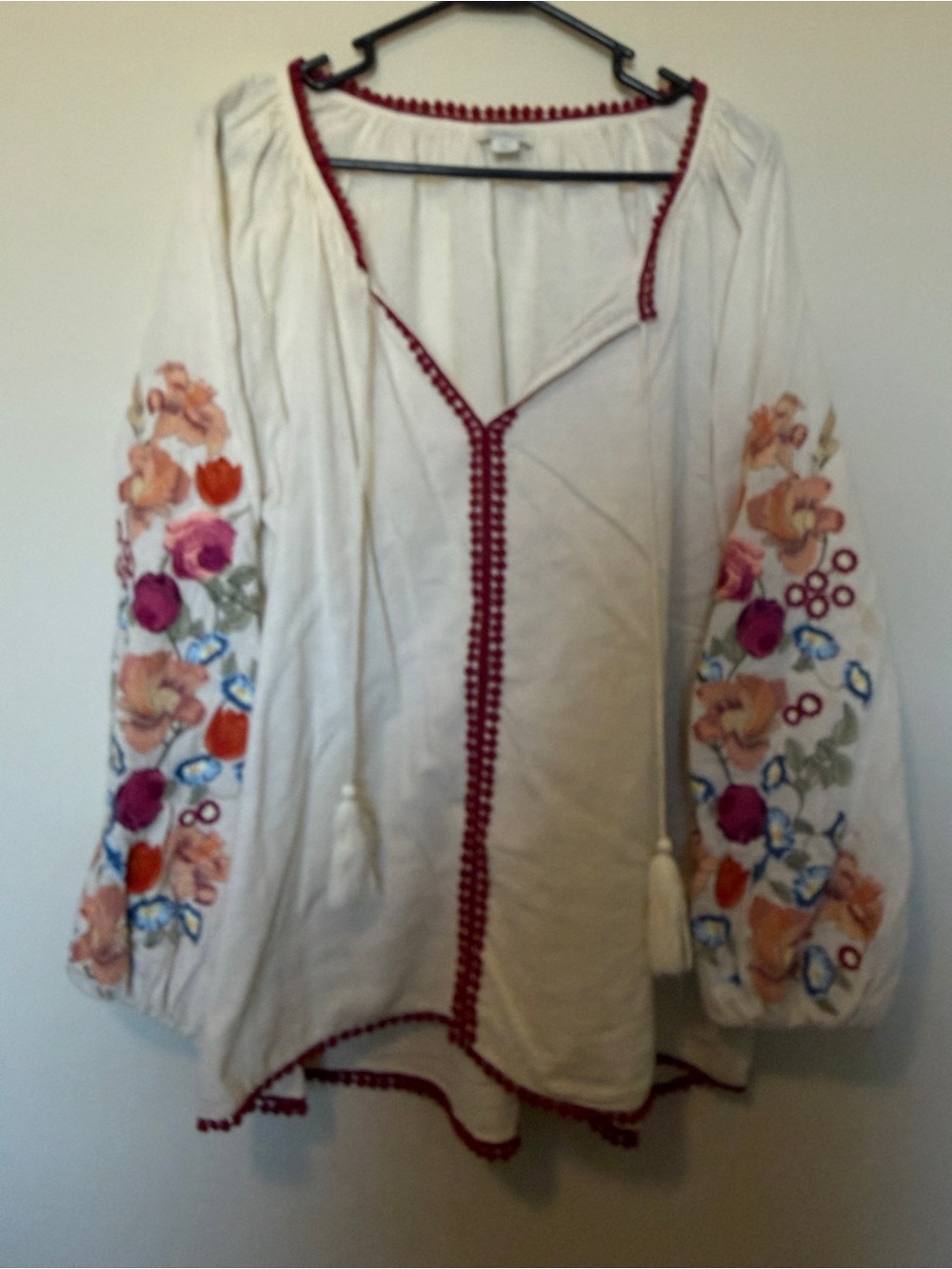 Sundance Ivory Peasant Tunic with Red Trim and Floral Embroidered Sleeves